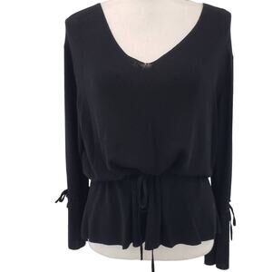 Grace Dane Lewis Black Belted Blouson Deep V-neck 3/4 Bell Sleeve Sweater XL